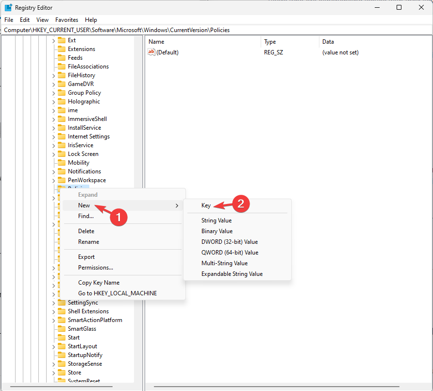 Создание ключа Explorer