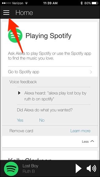 Открытое меню приложения Alexa на смартфоне