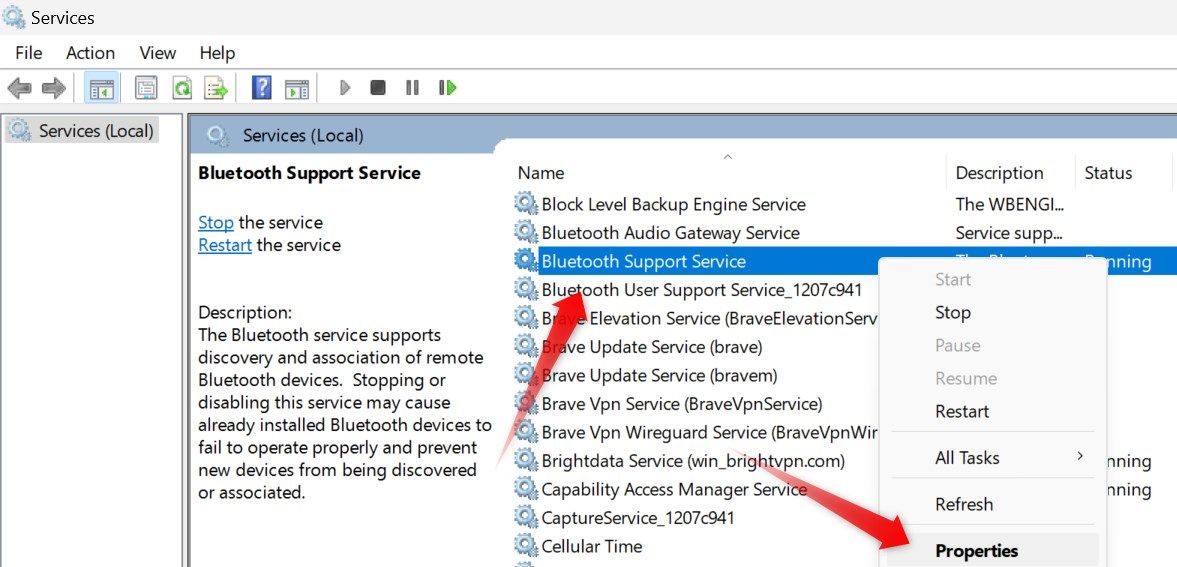 Свойства службы Bluetooth Support Service в окне Службы Windows.