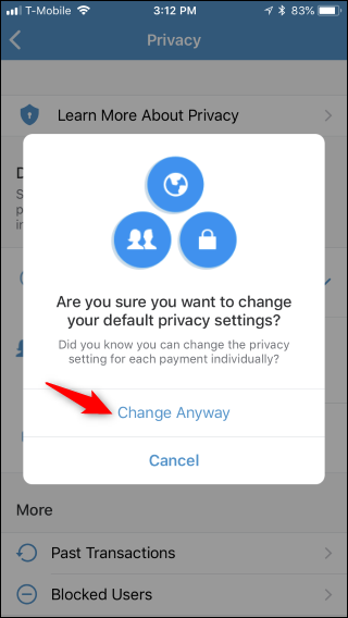 Подтверждение изменения приватности по умолчанию