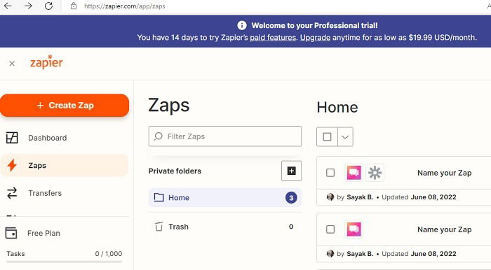 Кнопка Create Zap для старта