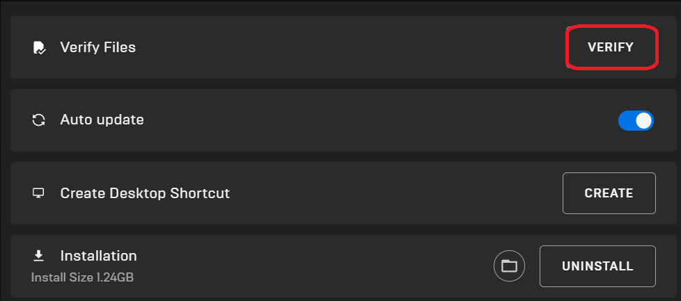 Кнопка проверки файлов игры в Epic Games Launcher