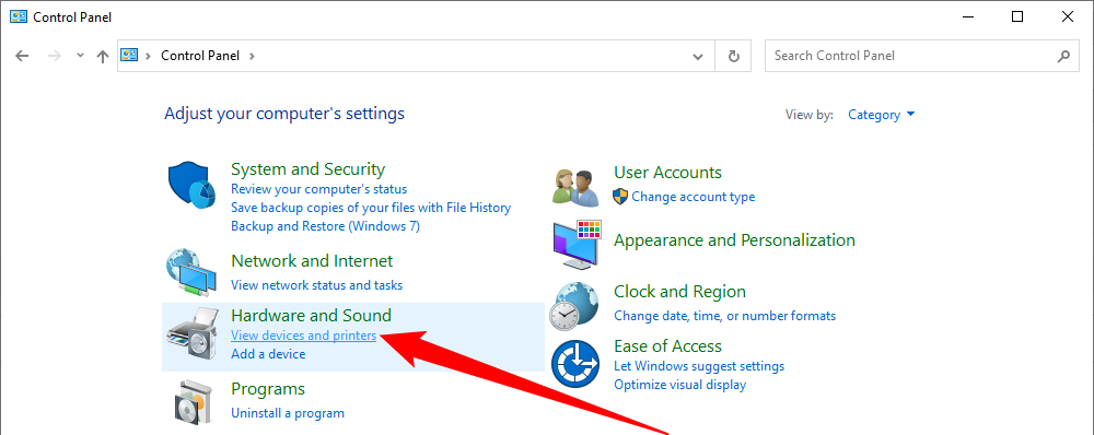 Выбор «Просмотр устройств и принтеров» в Панели управления