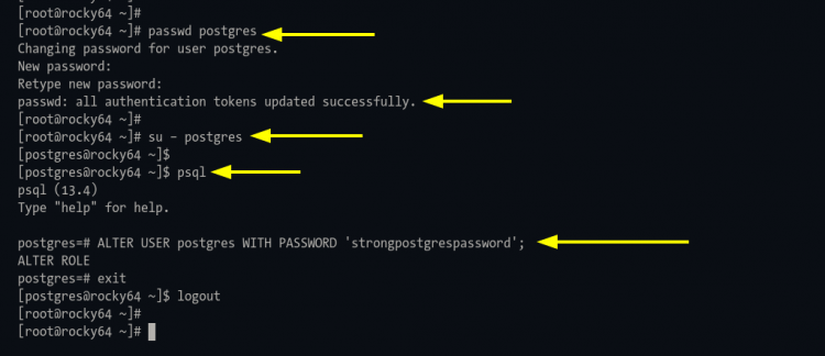 Смена пароля для системного и базового пользователя postgres