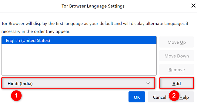 Выбор языка и кнопка «Добавить» в Tor Browser.