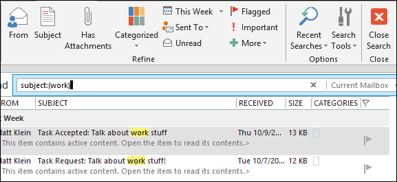 Поиск по теме сообщения 'Work' с кнопкой Subject на ленте поиска