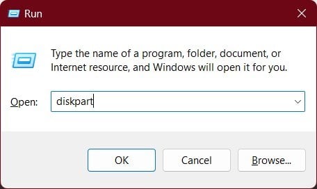 Immagine: avvio di diskpart dal comando Esegui