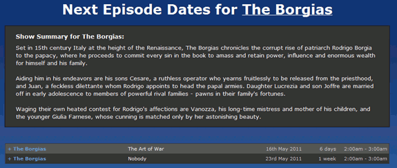 Таблица с подробным расписанием эпизодов шоу