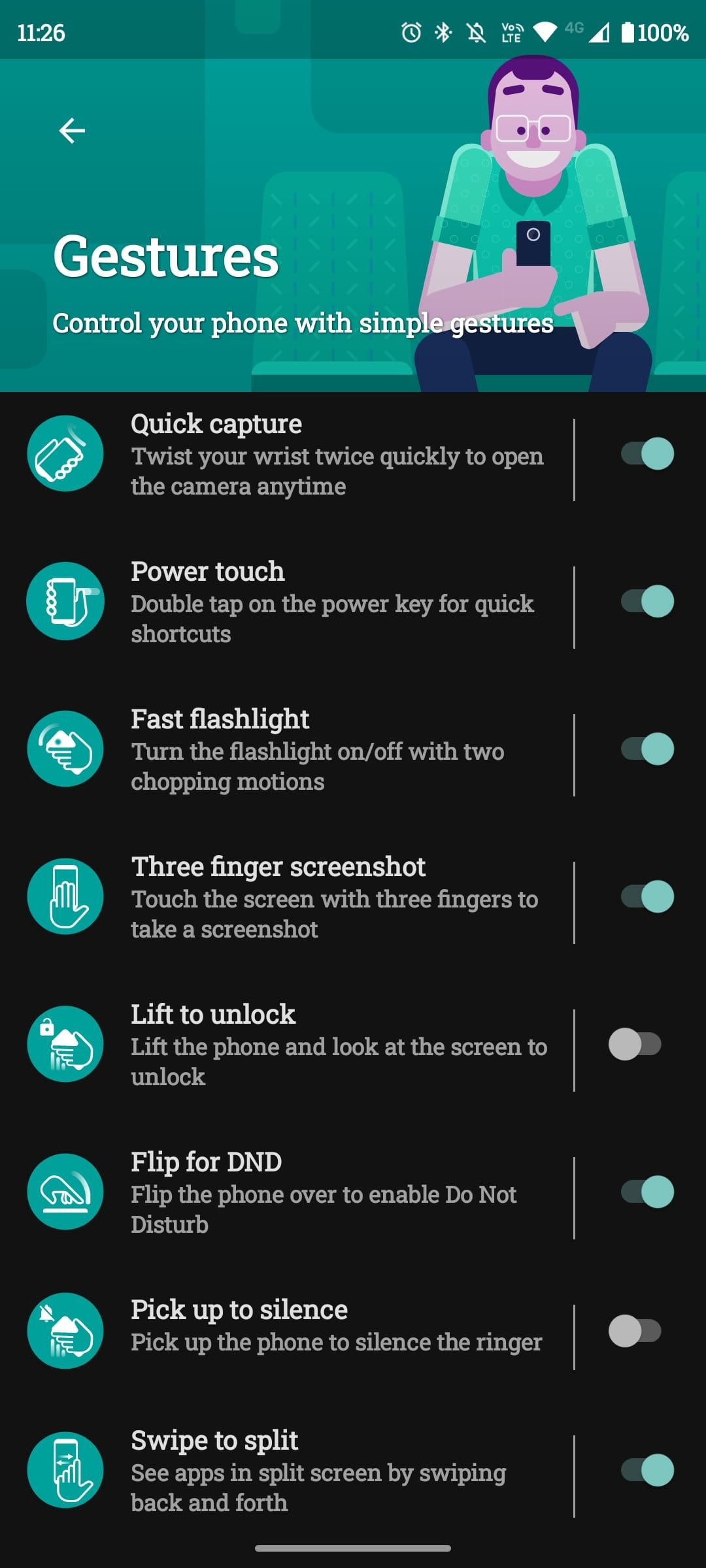 Список Moto Actions с переключателями состояния