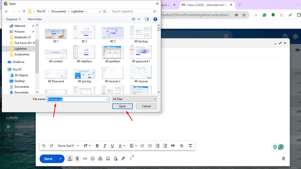 Выбор ZIP-файла для прикрепления