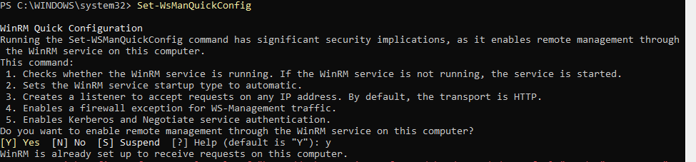 Скриншот: команда Set-WsManQuickConfig в PowerShell