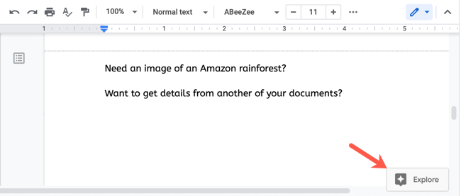 Значок Исследовать в правом нижнем углу Google Docs