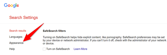 Нажмите «Внешний вид» на странице «Параметры поиска» на десктопе