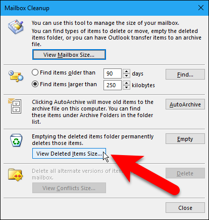 Кнопка View Deleted Items Size показывает отдельный размер папки Deleted Items