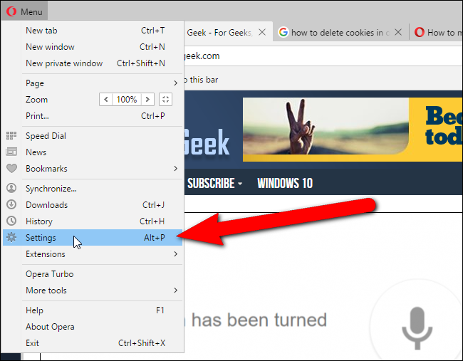 Открыть «Настройки» в Opera