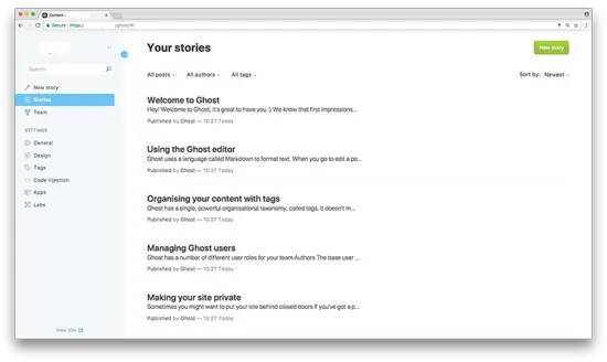 Интерфейс управления историями в Ghost