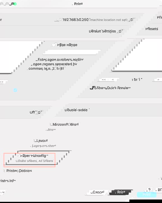 Секция Paper Handling в параметрах печати Word на Mac