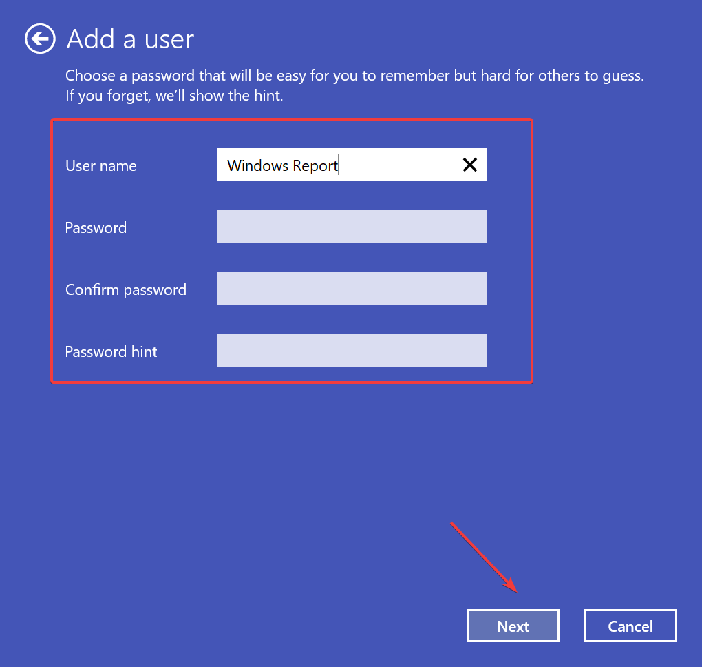 Ввод имени пользователя для локальной учётной записи