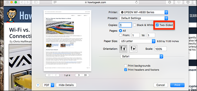 Отключить двустороннюю печать на macOS