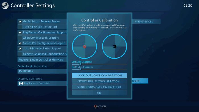 Интерфейс калибровки со слайдерами компенсации мёртвой зоны