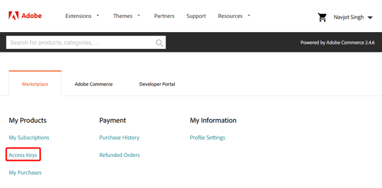 Профиль Adobe Magento с разделом Access Keys