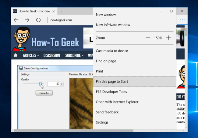 Изображение: меню Edge с опцией закрепления страницы в Пуск