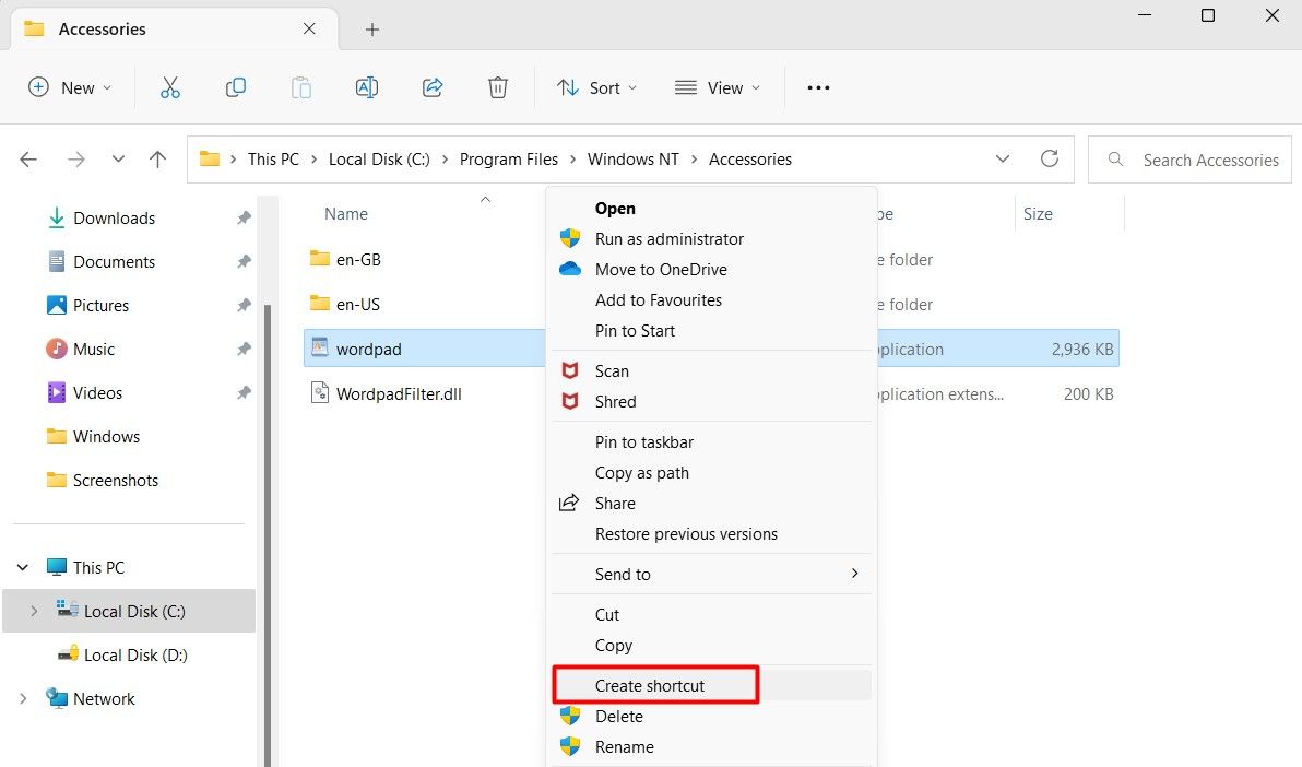 Создание ярлыка WordPad через контекстное меню проводника