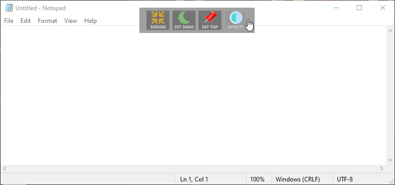 Окно WindowTop с меню настройки прозрачности и закрепления
