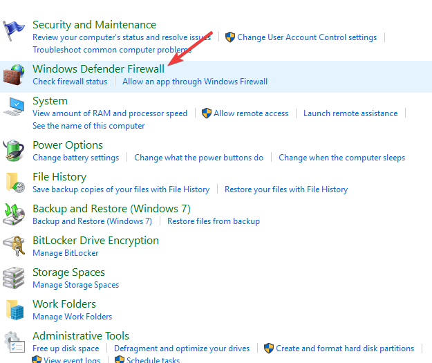 Параметры брандмауэра Windows Defender