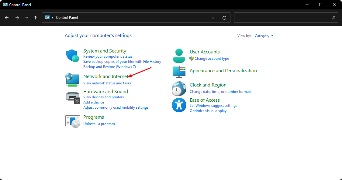 Раздел Сеть и Интернет в Панели управления