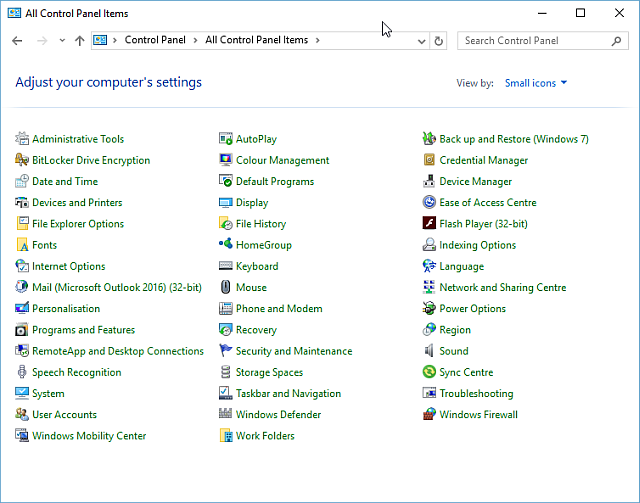 Окно Панели управления Windows 10