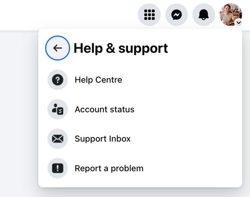 Опции 'Справка и поддержка' на десктопе Facebook