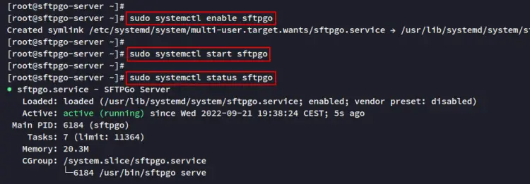 Статус sFTPGo после установки через RPM