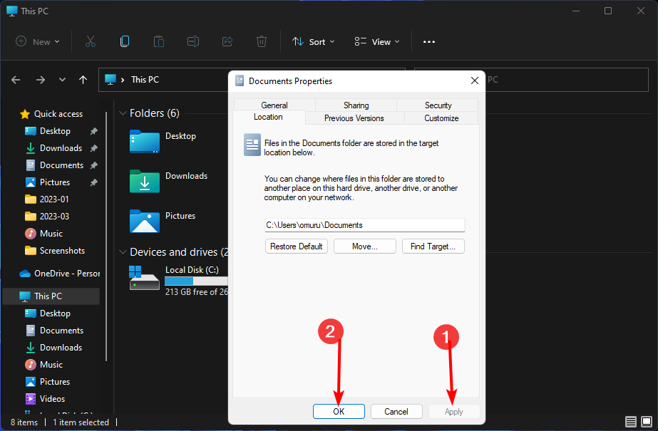 Применение изменений для папки «Документы»