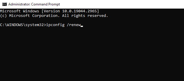 Скриншот выполнения ipconfig /renew в командной строке