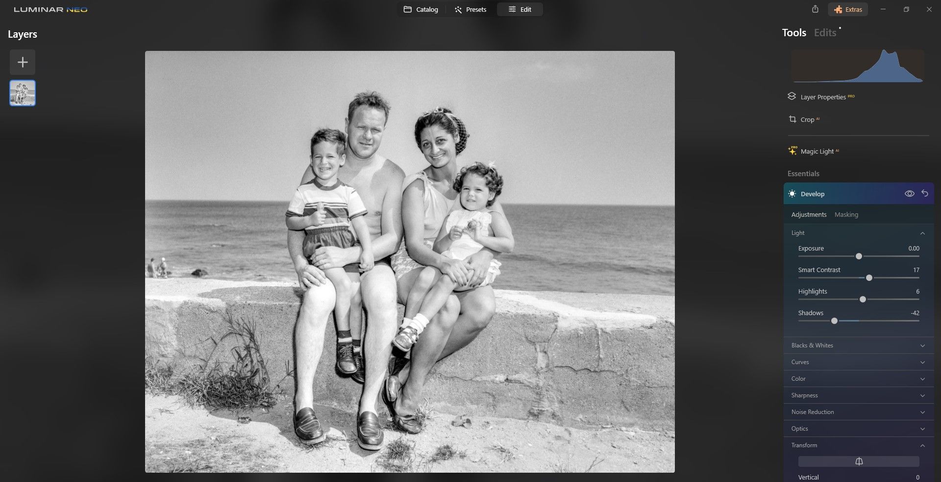 Слайдеры модуля Develop: Свет, Кривые, Резкость, Уменьшение шумов, Трансформ