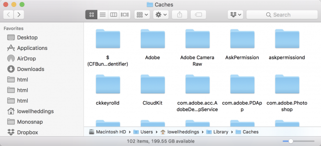 Папки кэш‑файлов в Finder