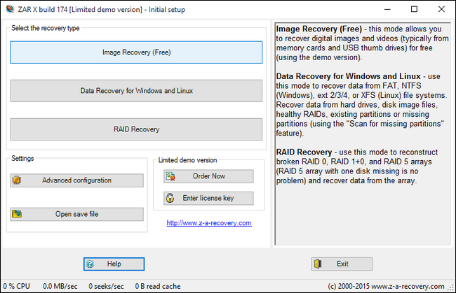Главное окно ZAR X после запуска приложения