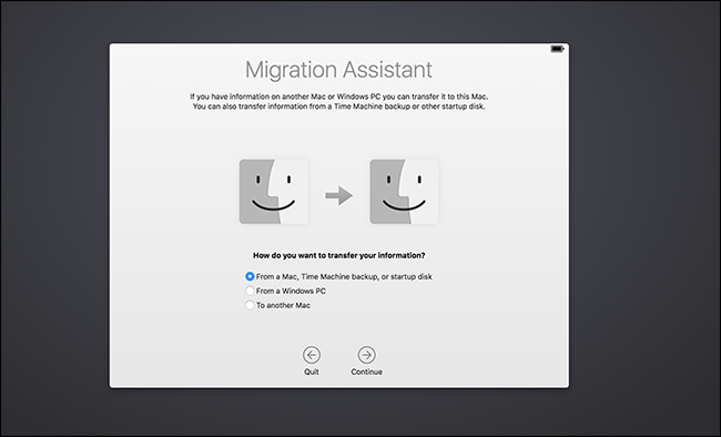 Окно Миграционного помощника на новом Mac