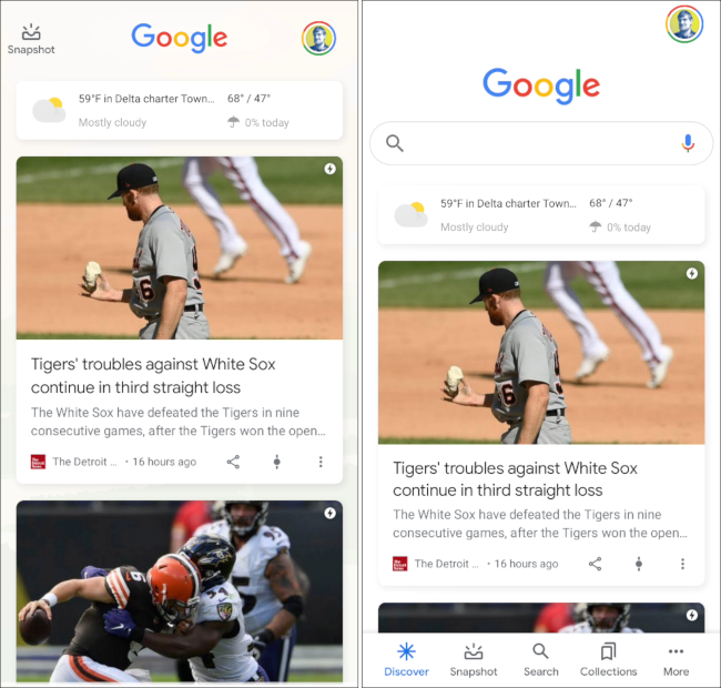 Интерфейс ленты Google Discover на Android: панель Pixel Launcher слева и вкладка в приложении Google справа