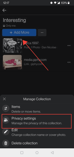 Настройки конфиденциальности коллекции на мобильном