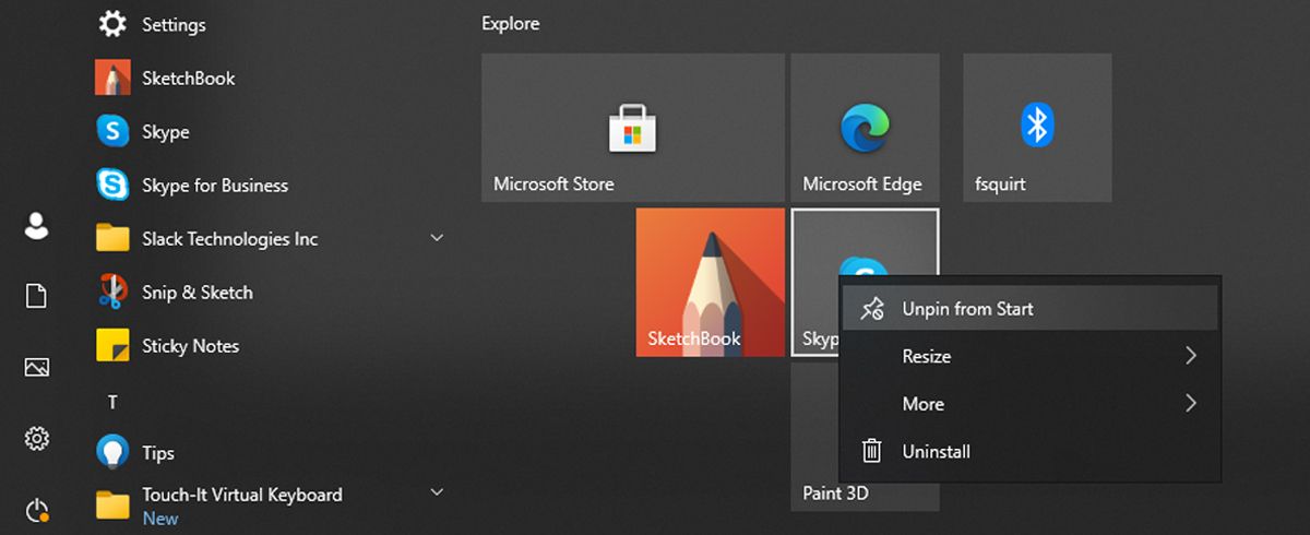 Меню «Пуск» Windows 10 с плитками