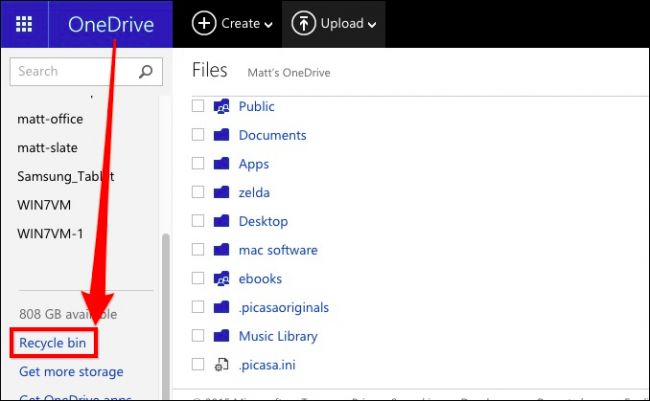 Пункт «Корзина» в OneDrive