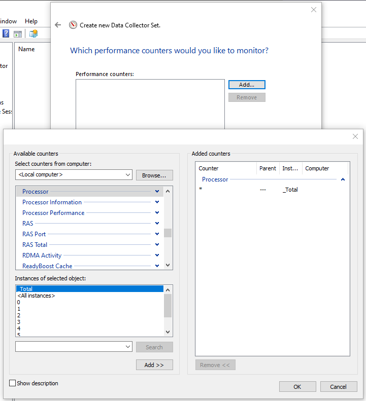 Добавление счётчика Processor(_Total) → % Processor Time