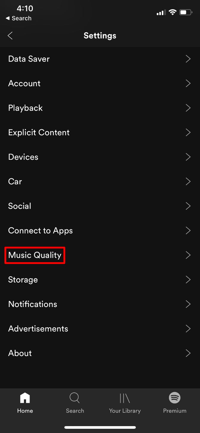 Настройки Spotify с выделенным пунктом «Music Quality»