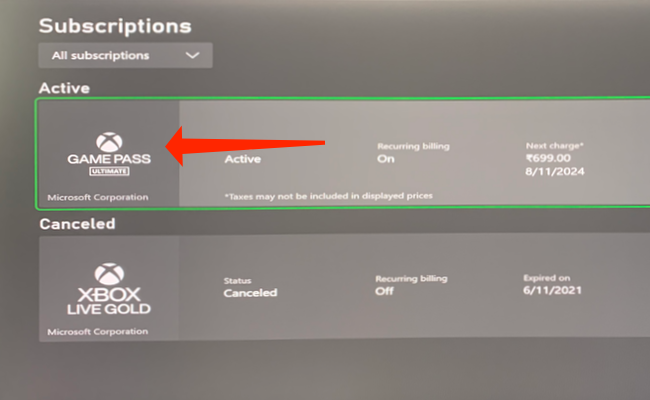 Выберите Game Pass в списке подписок на консоли.
