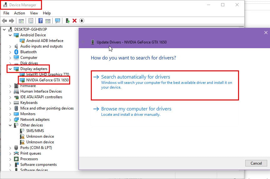 Процесс автоматического поиска драйвера