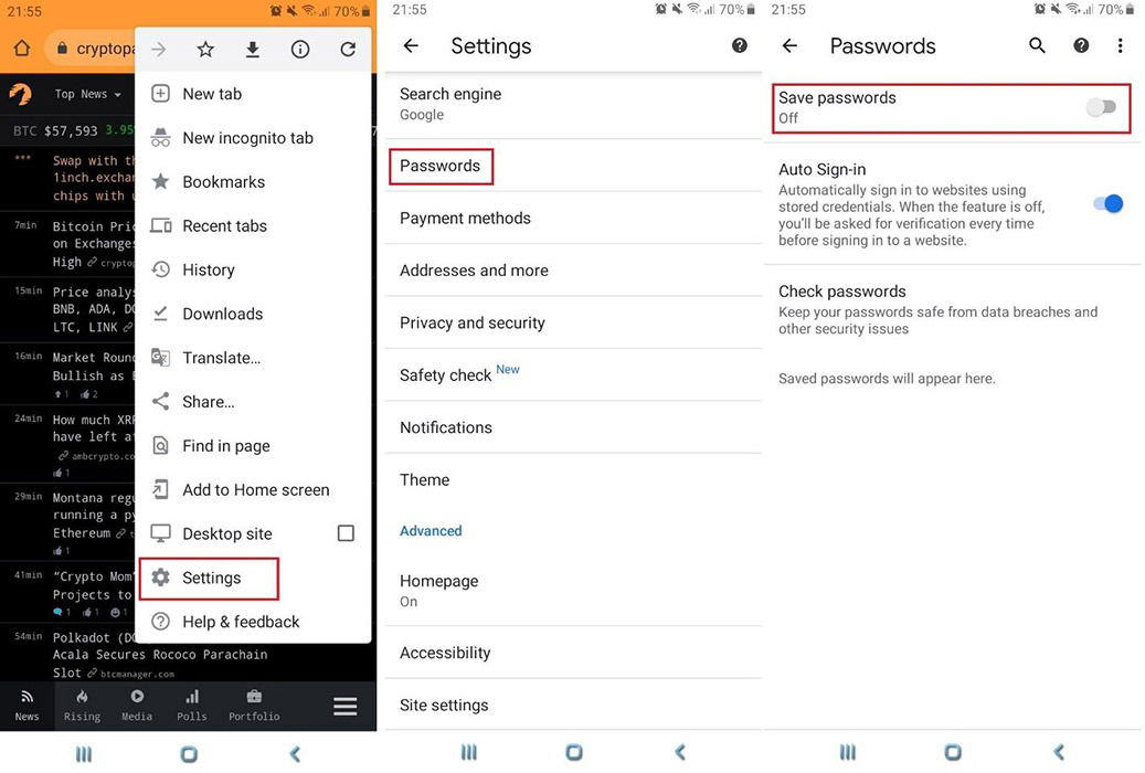 Меню настроек на Android