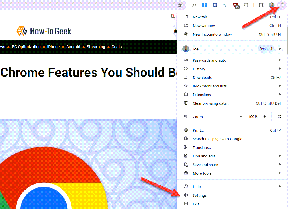 Меню настроек Chrome с тремя точками.