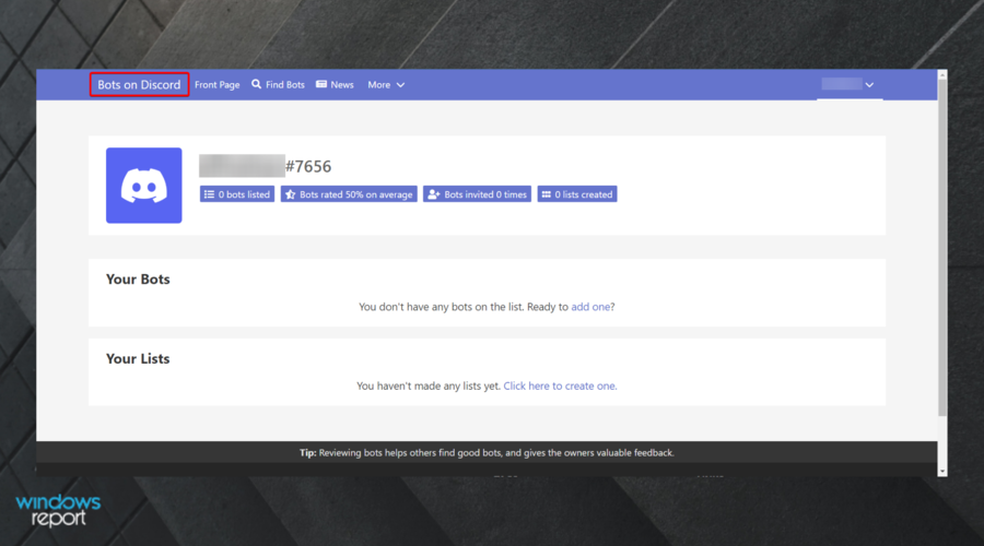 Навигация к главному окну каталога Bots On Discord